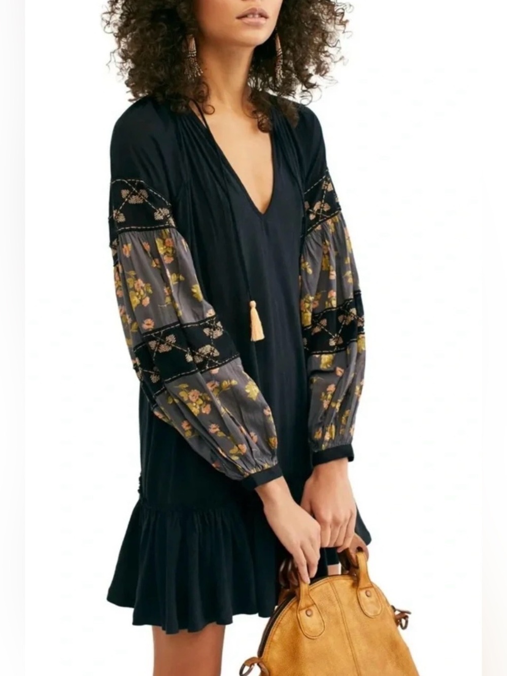 Free People Mix It Up Tunic Floral Mini Dress in Black